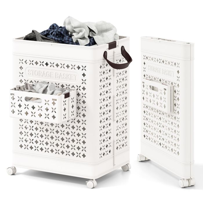75 L Collapsible Laundry Basket with Underwear Basket and Handles-White