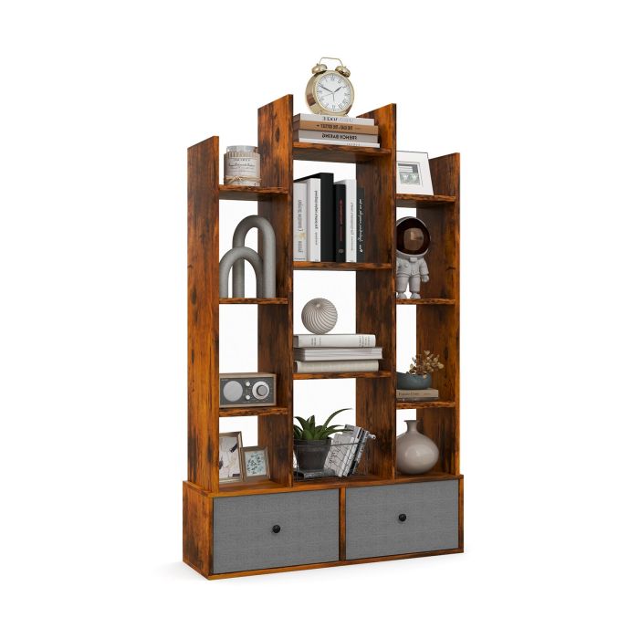 Bookcase - 12-Tier Wooden Bookshelf with Folding Drawer for Study Living Room-Brown