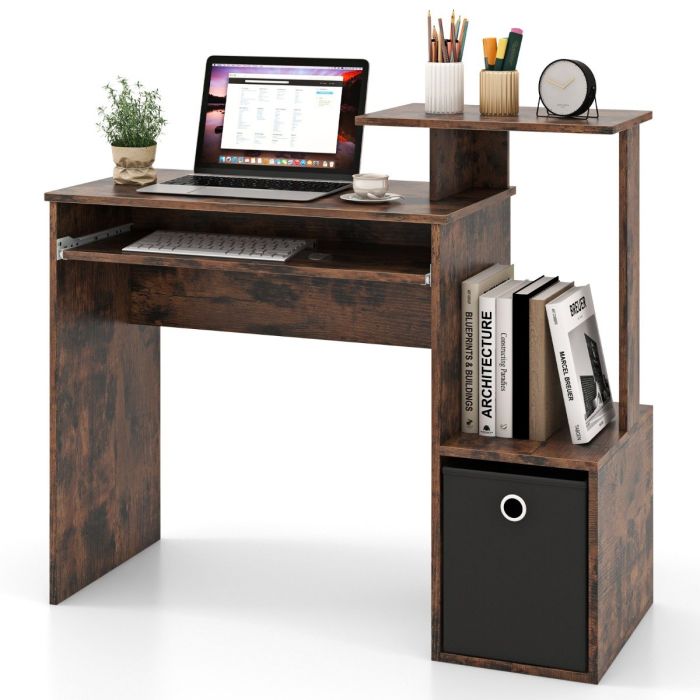DAIN Space-saving Computer Desk with Open Shelf and Fabric Storage Drawer-Rustic Brown