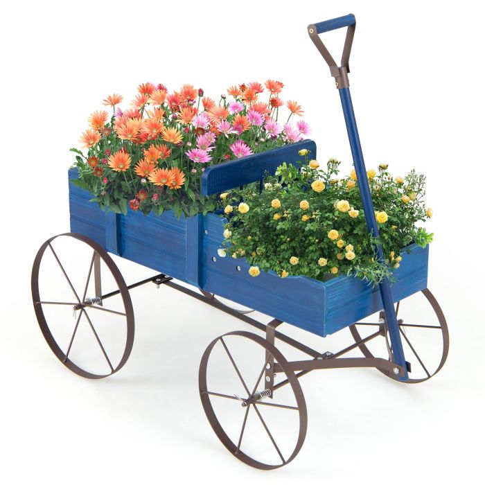 Plant Trolley - Wood Wagon Flower Planter with Wheels and 2 Planting Sections-Blue