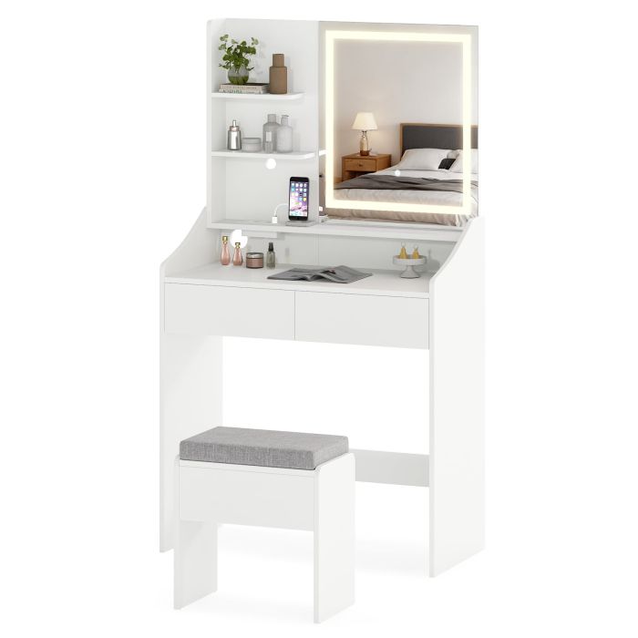 VYNOR Vanity Desk Set with Built-in Charging Station and Storage Drawers-White