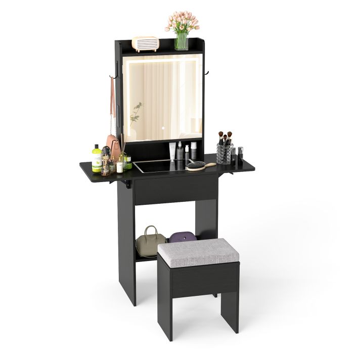GLORA Compact Makeup Dressing Table with Visible Glass Top and Power Outlets-Black