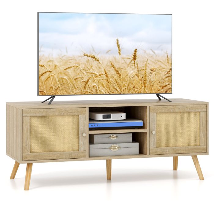 TV Stand - Boho PE Rattan TV Stand with 2 Cabinets and Open Shelves