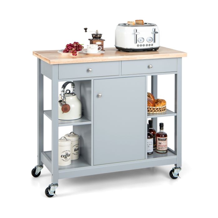 Kitchen Trolley - Mobile Kitchen Island Cart Rolling Kitchen Island with Rubber Wood Top-Grey