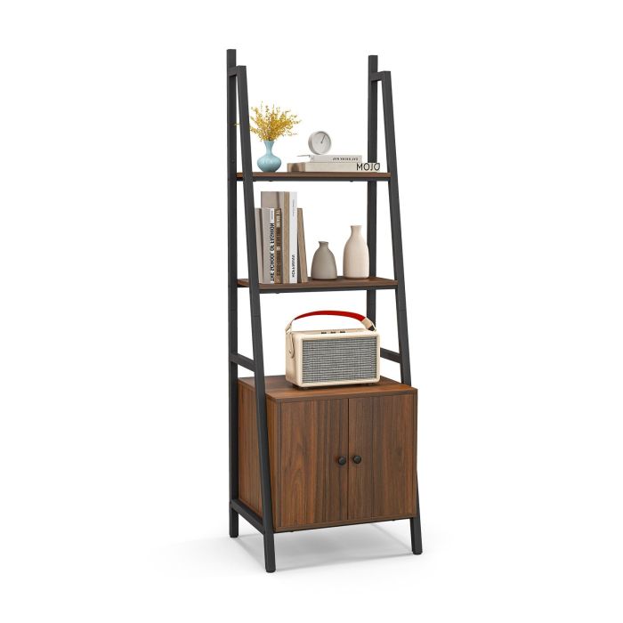 Bookcase - 4-Tier Ladder Shelf with Cabinet Industrial Bookcase with Metal Frame-Rustic Brown