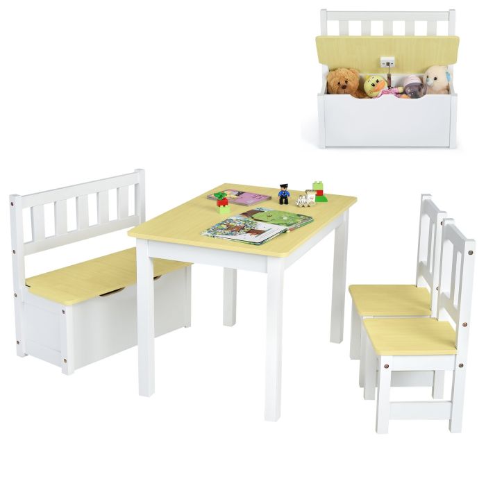 ULRIZE 2-In-1 Wooden Toddler Activity Table Set with Toy Storage Bench-Natural
