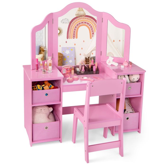DAFINE Kids Vanity Table and Chair Set with 3 Removable Mirrors and 4 Storage Bins for Children-Pink