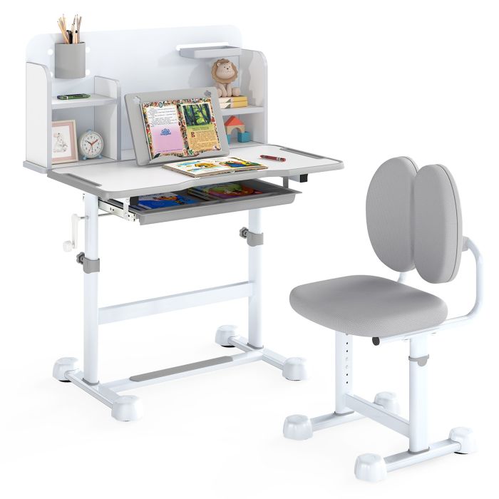 DENCREST Kid's Study Desk and Chair Set with Tilt Desktop and Footrest Bar-Grey