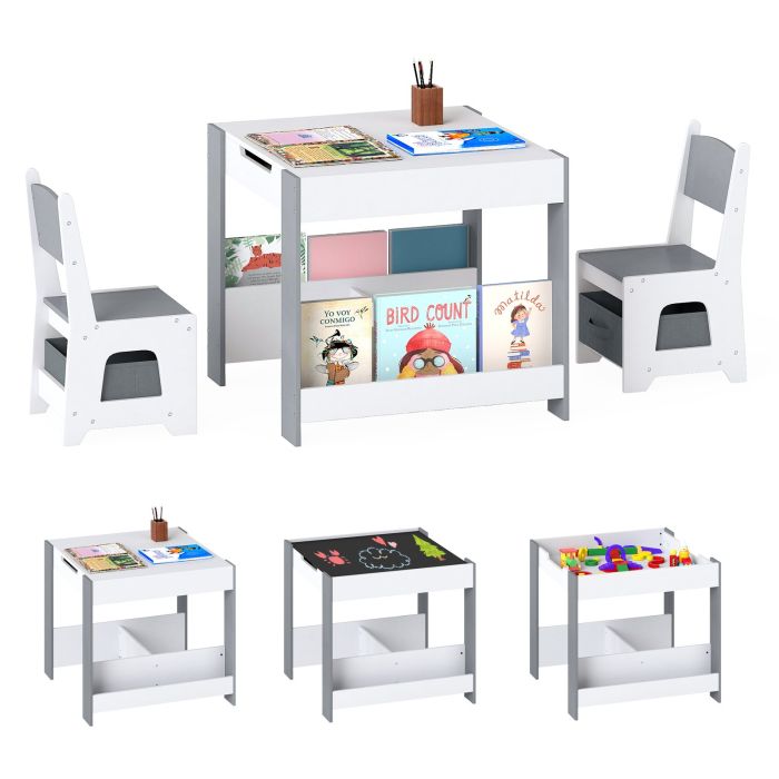 DRAVWYN Kids Table and Chairs Set Toddler Wooden Activity Desk-Grey
