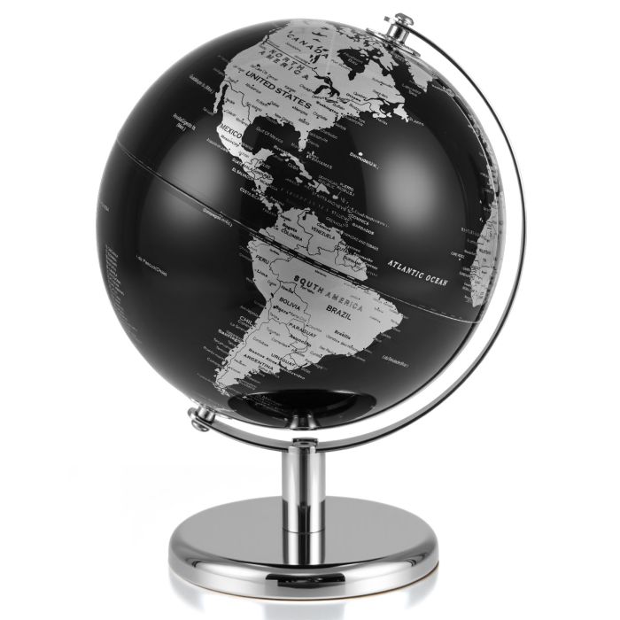DRAYMAR 20CM Rotating Metallic Black World Globe with Metal Stand for Home School-Silver