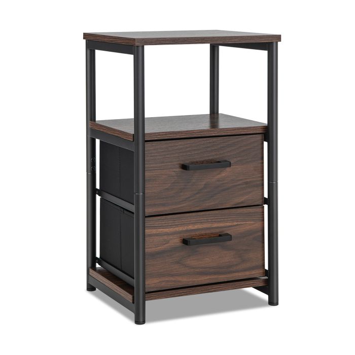 Bedside Table - METAL 2 Drawer Nightstand Walnut and Black 30cm