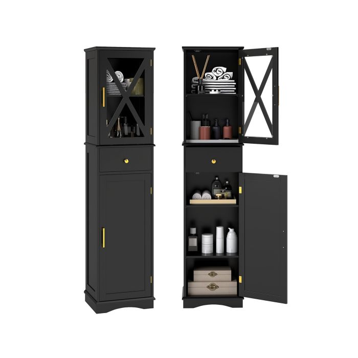XORIRA Tall Bathroom Cabinet with Drawer 2 Doors and 3 Adjustable Shelves-Black