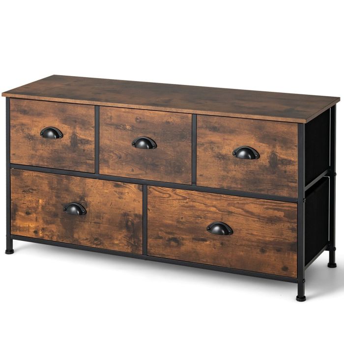 LOURDES Oak Finish Chest of Drawers - Medium-sized, 5 Fabric Drawers