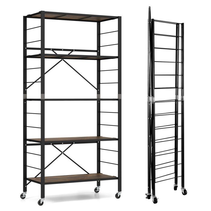 Kitchen Trolley - 5-Tier Foldable Shelving Unit Metal Shelves with Detachable Wheels-Black