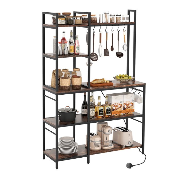 DADAEN Bakers Rack with Power Outlets and 10 S-Shaped Hooks-Coffee