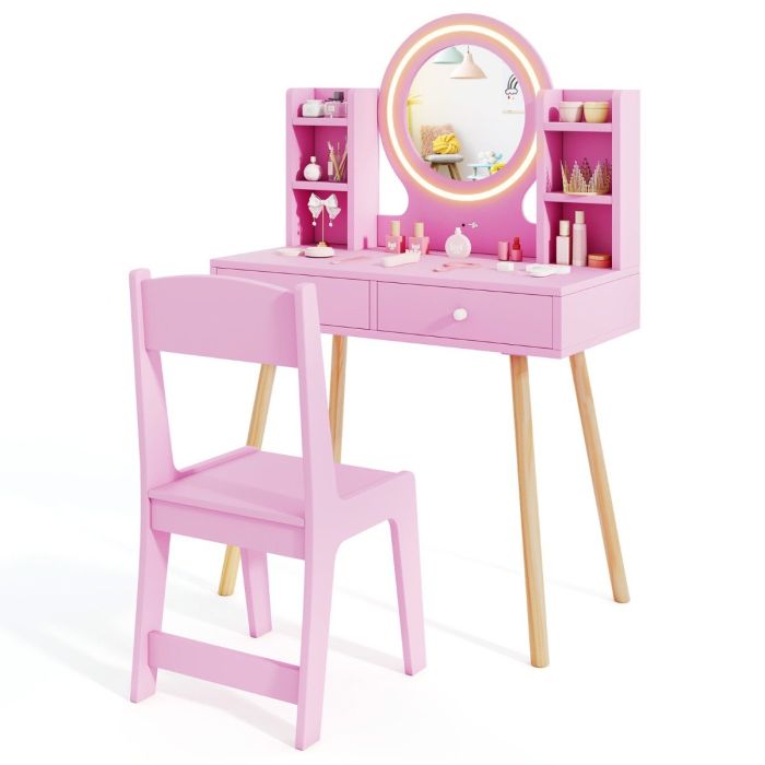 COIN Kids Princess Vanity Desk Set with 2-Color LED Lighted Acrylic Mirror-Pink