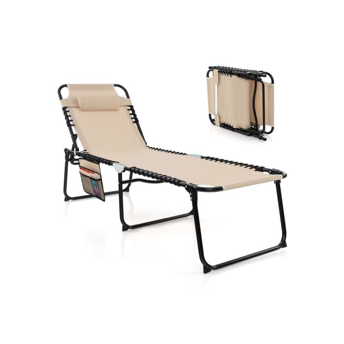 LYXOLY Patio Folding Chaise Lounge Chair Portable Sun Lounger with Adjustable Backrest-Beige
