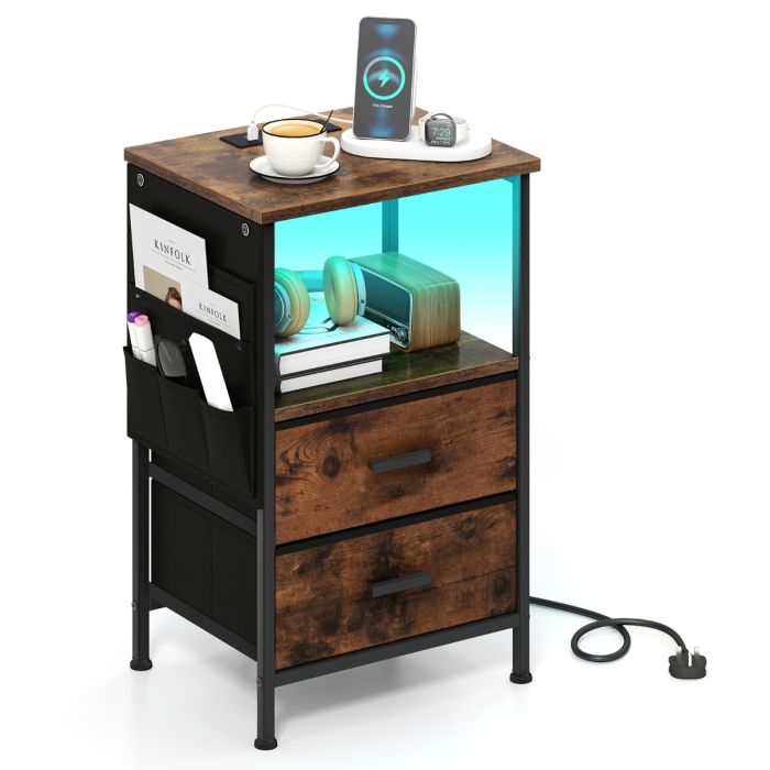 Bedside Table with Charging Station and Folding Fabric Drawers-Rustic Brown