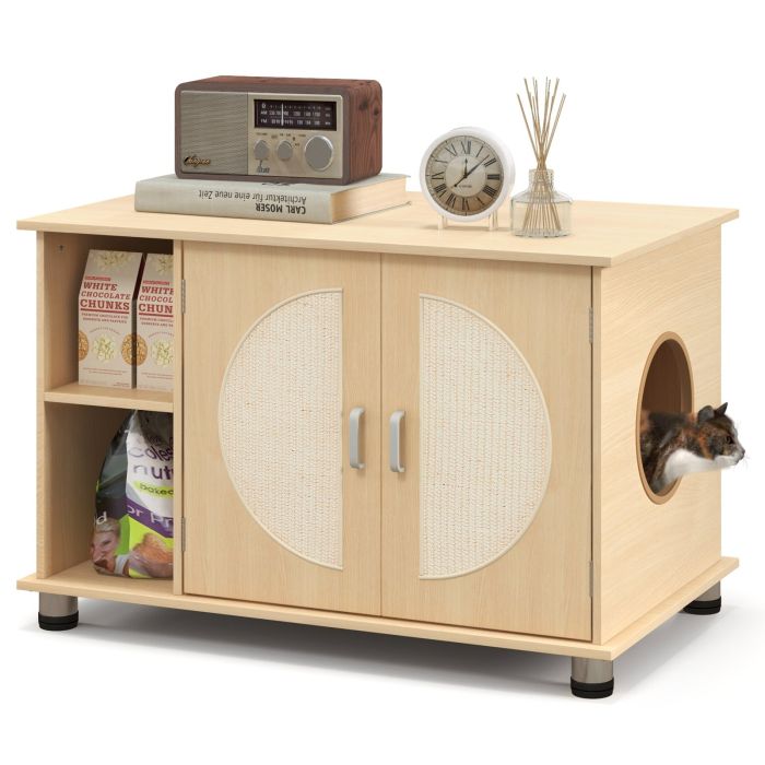 Cat Furniture - Cat Litter Box Enclosure with Sisal Scratching Doors and Adjustable Metal Feet-Natural