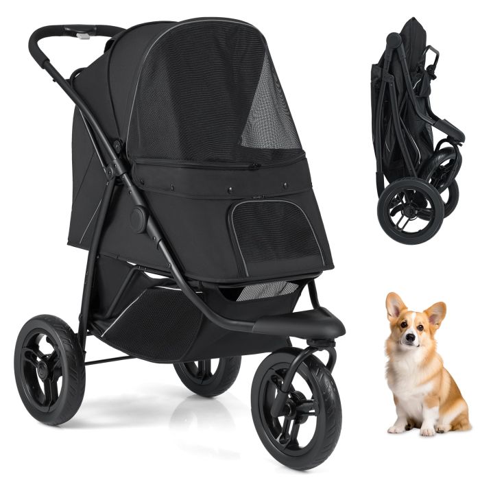 MORLONN 3-Wheel Pet Stroller for Small and Medium Dogs with All-Terrain Wheels-Black