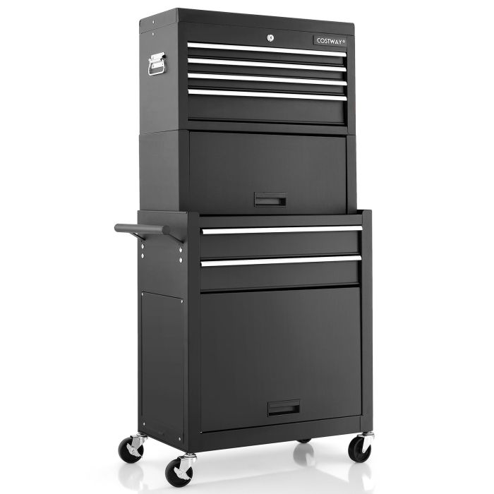 Tool Storage Rack - Lockable Tool Storage Cabinet with Handle, Drawers, Wheels and EVA Liner-Black