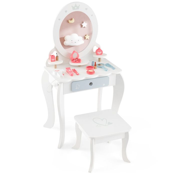 Kids Furniture - Kids Vanity Table and Stool with Mirror and 3 Shelves-White