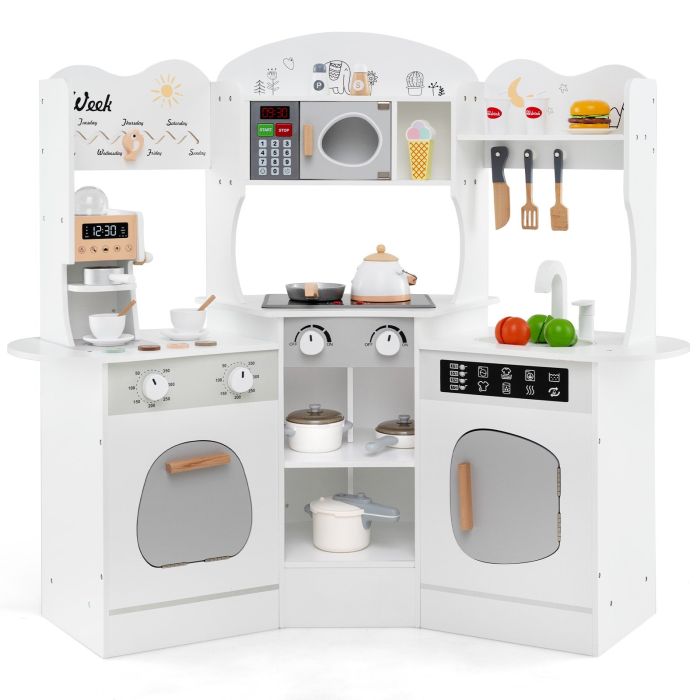RINELO Kids Corner Wooden Play Kitchen with Coffee Machine Slide Microwave-White