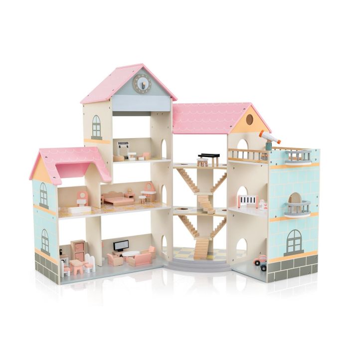 Kids Dollhouse - Wooden Corner Dollhouse Playset Pink Roof Doll House-Pink