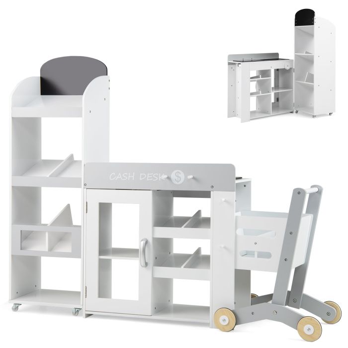 Kids Grocery Store Playset Convertible with Shopping Cart and Movable Checkout Belt-White
