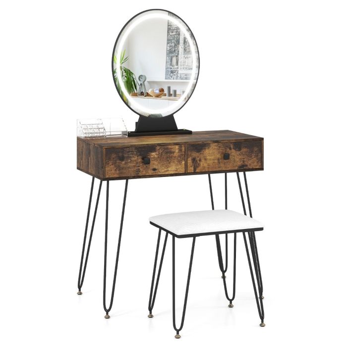 Vanity Set with LED Lighted Mirror and Soft Cushioned Stool for Bedroom-Rustic Brown