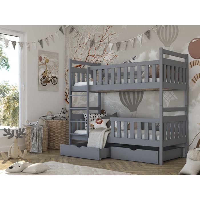 Montreal Wooden Bunk Bed with 2 Drawers Storage and Foam Mattress - Grey