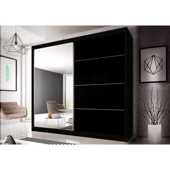 Malta-31 Sliding Mirror Door Wardrobe 203cm - Black Matt