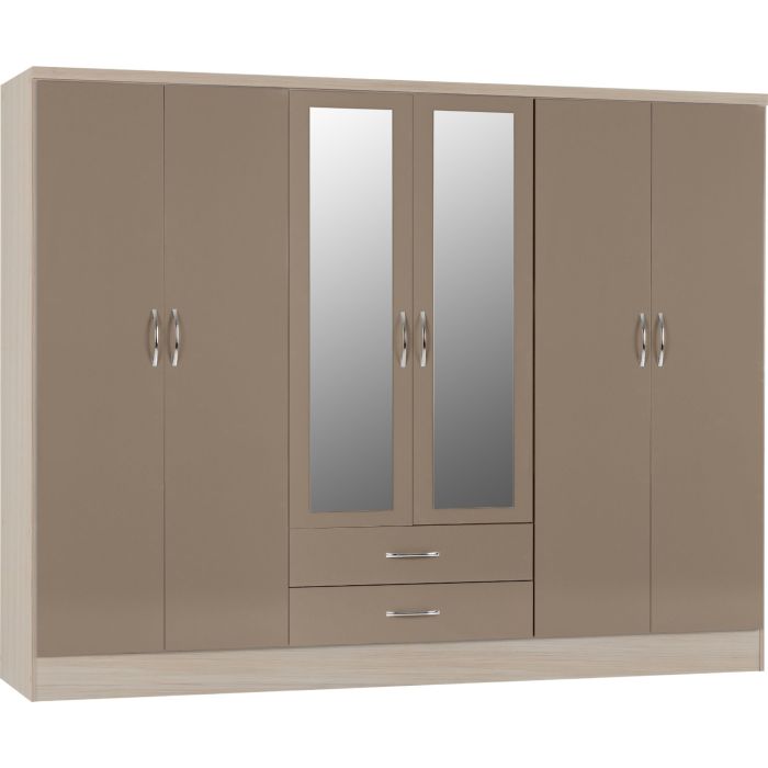 NEWBIGGIN 6 Door Mirrored Wardrobe with 2 Drawers Light Oak and Beige - 230cm