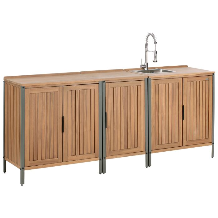 HORNLEIGH Wooden 3 Piece Outdoor Kitchen Set Sink with Cabinet - Brown with Silver