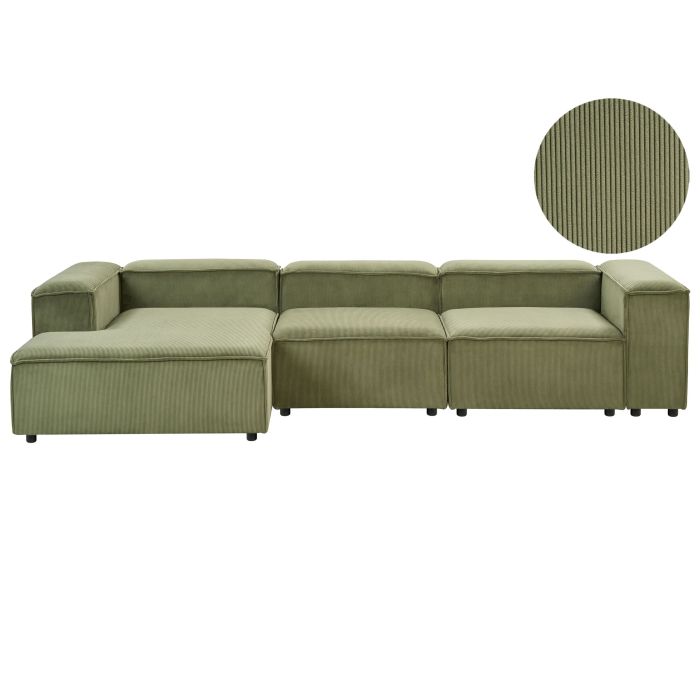 Right Hand 4 Seater Modular Jumbo Cord Corner Sofa Green ARDAL