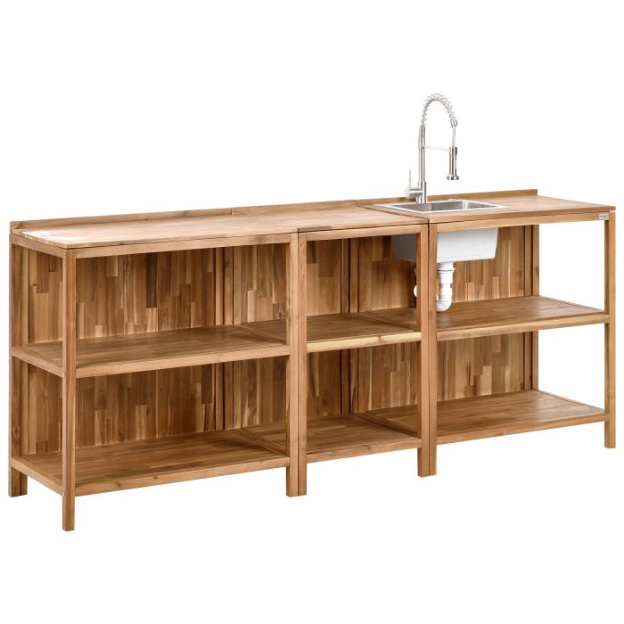 NEVOSA 3 Piece Outdoor Kitchen Set White Tap with Sink Acacia Wood Brown