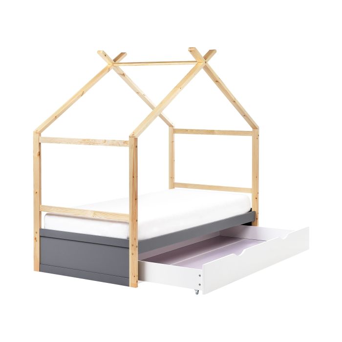 ORNIVAL Wooden Kids House Bedframe with Drawers EU Single Size Grey