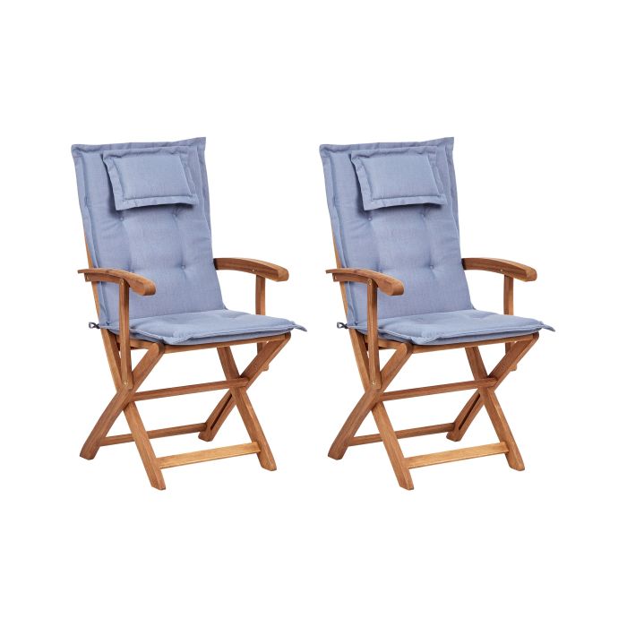 Set of 2 Garden Chairs with Cushions MAUI II Acacia Wood Blue