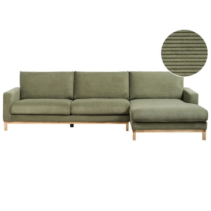 LINTHORPE Corduroy Fabric 4 Seatrer L Shaped Corner Sofa - Green, Right Hand Facing