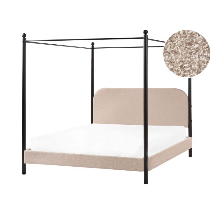 MORIS Four Poster Bedframe Boucle 160 x 200cm EU Kingsize Bed Taupe