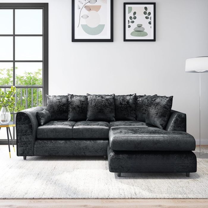 VELOURA Crush Velvet 4 Seater L Shaped Scatterback Corner Sofa - Black, Right Hand Facing