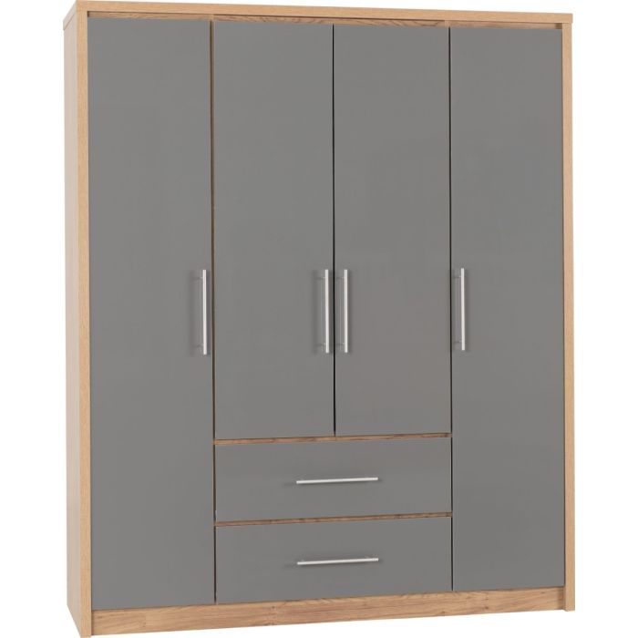 SELSEY 4 Door Wardrobe with 2 Drawers Grey High Gloss with Light Oak - 148.5cm
