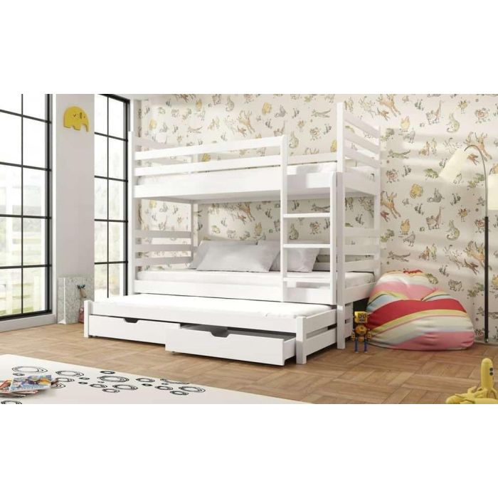TUMY Wooden 2 Drawers Storage Double Bed with Trundle and Foam Mattress - White
