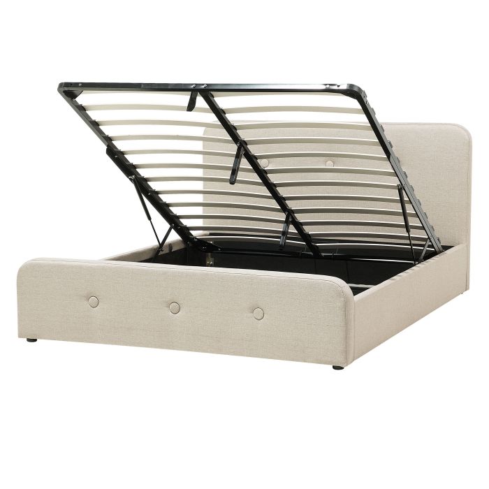 Slatted Bed Frame Beige Polyester Fabric Upholstered Wooden Legs Ottoman Storage 4ft6 EU Double Size Modern Design