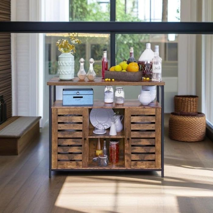 ELVARIS Kitchen Cabinet Floor Standing Unit with Louvred Doors - Rustic Brown