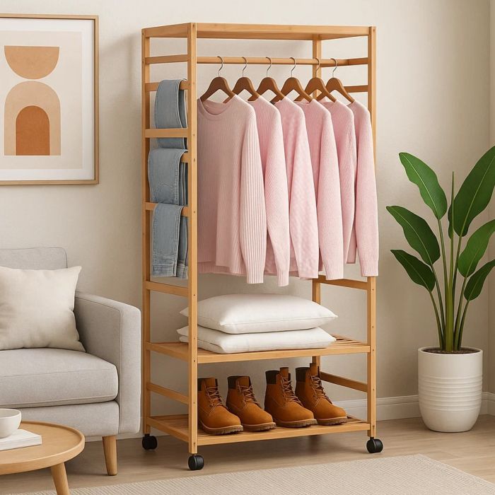 BRIVANE Clothes Rack Wooden Garment Stand with Shelves and Wheels - Natural