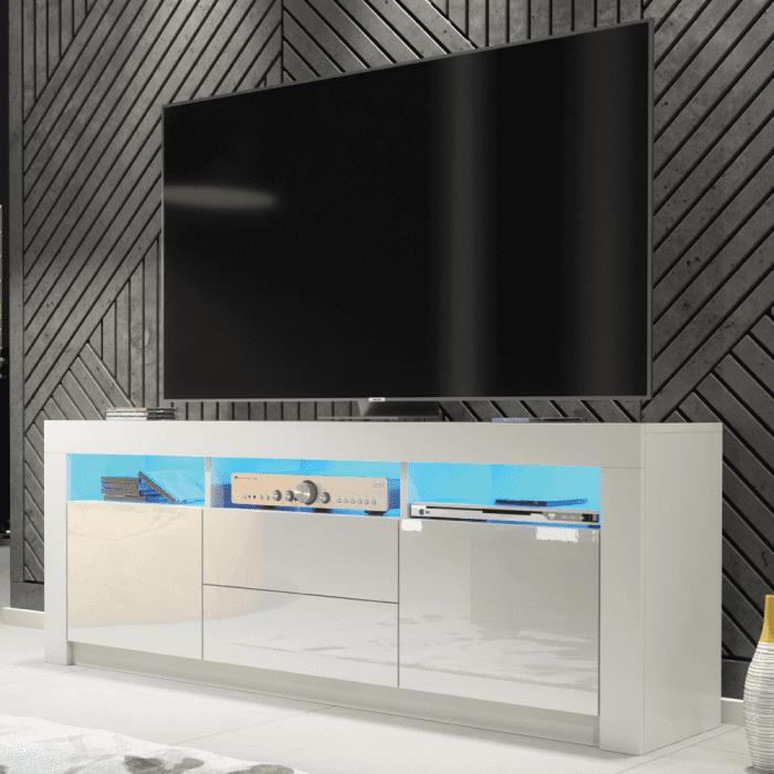 Modern TV Unit with Spacious Storage Cabinet Stand and Free LED Lighting 160cm - White