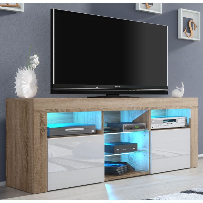 Modern TV Cabinet with Sideboard Storage and Free LED Lighting 145cm - Oak and White