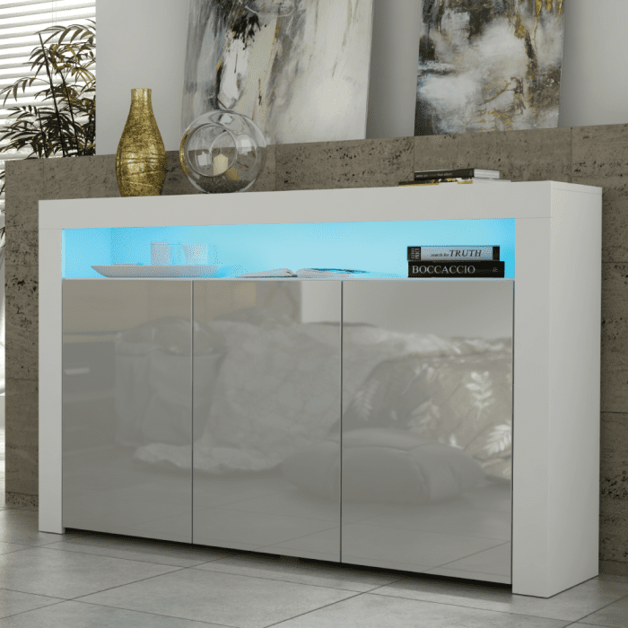TV Unit Sideboard Cabinet with 3 Doors Storage and Free LED Lighting 155cm - White and Grey