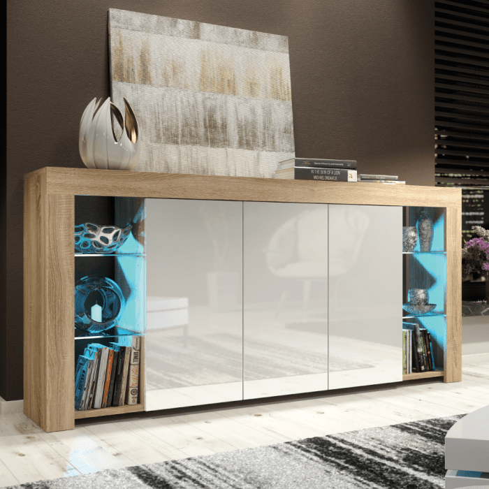 Cabinet Cupboard Sideboard TV Unit with Free LED Lighting and Storage 164cm - Oak and White
